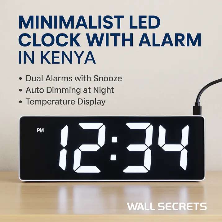 Front-facing minimalist LED clock with alarm, showing bold white time display on glossy mirror finish.